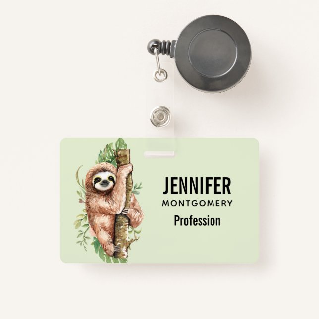 Badge Aquarelle mignonne Sloth & Feuilles tropicaux (Front with Retractable)