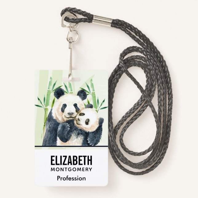 Badge Aquarelle Panda Ours Maman & Bébé en Bambou (Devant avec lanière)