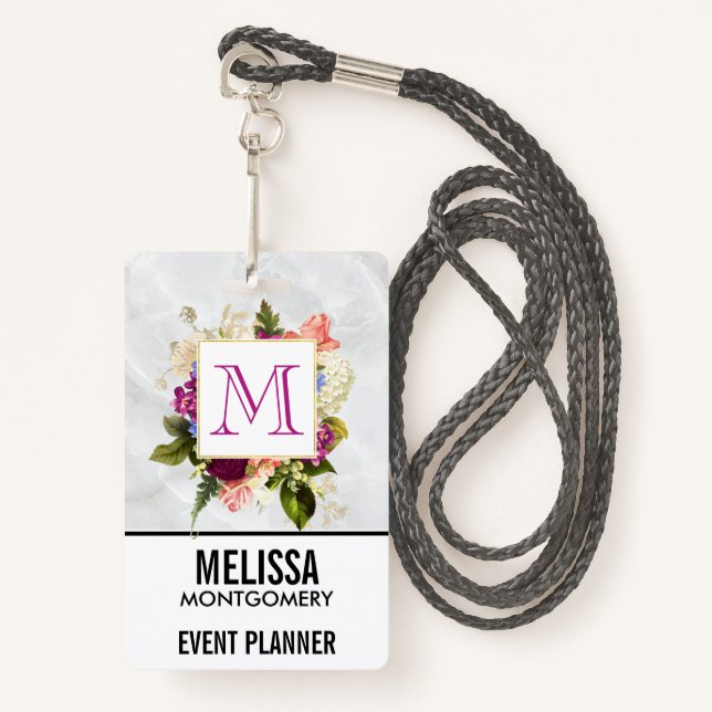 Badge Aquarelle rose moderne Bouquet floral Monogramme (Devant avec lanière)