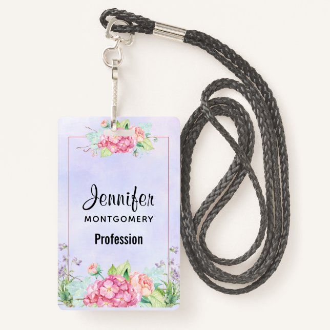 Badge Aquarelle rose moderne Cadre Floral (Derrière avec lanière)