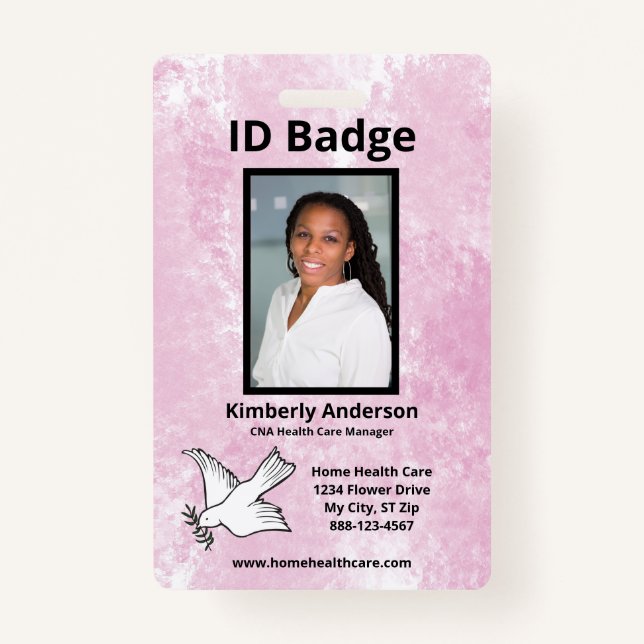 Badge Aquarelle rose Nom photo de l'employé ID logo (Devant)