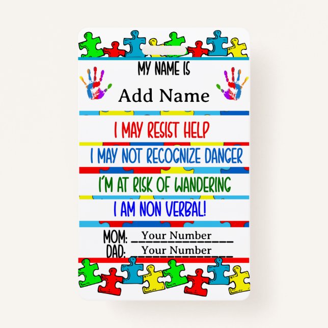 Badge Autisme Alert Non verbal Autiste Contact (Devant)
