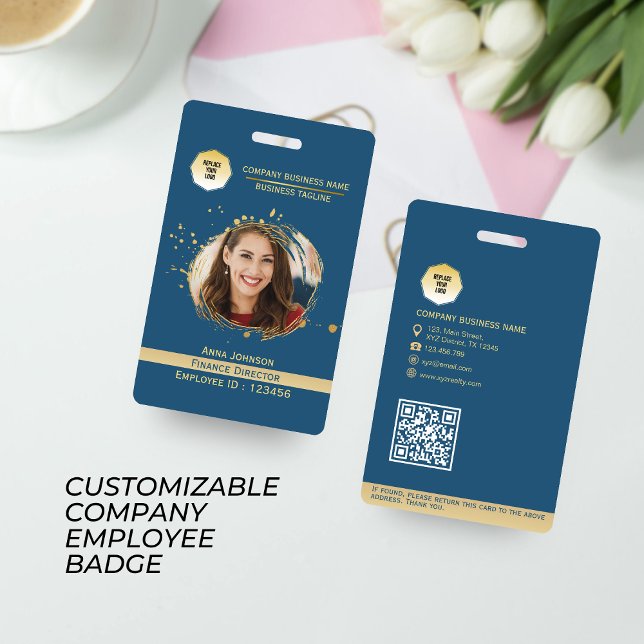 Badge Balise de code QR Gold & Blue Employé, Ajouter pho (Créateur téléchargé)