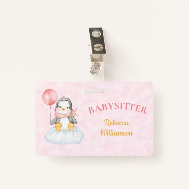 Badge Balise de nom d'entreprise Babysitter Cute Penguin (Devant avec clip)