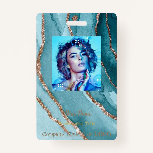 Badge Balise d'étiquette en or Turquoise Bleu Marbre Nom (Devant)