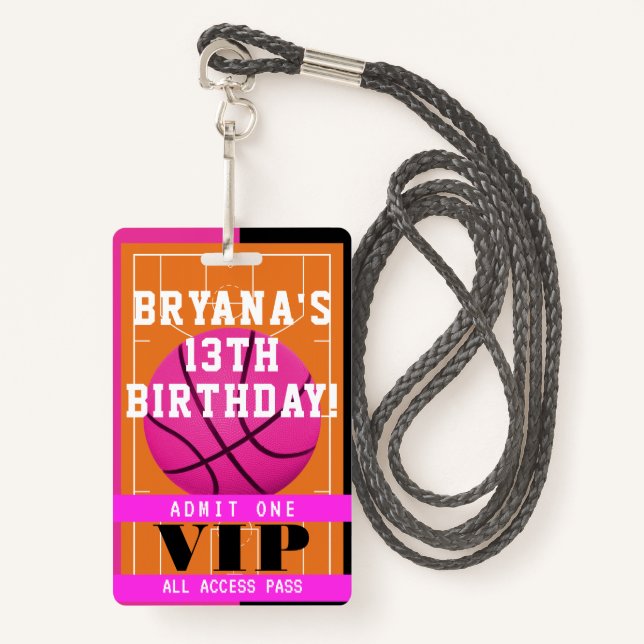 Badge Basketball rose Anniversaire de fête VIP Pass Badg (Devant avec lanière)
