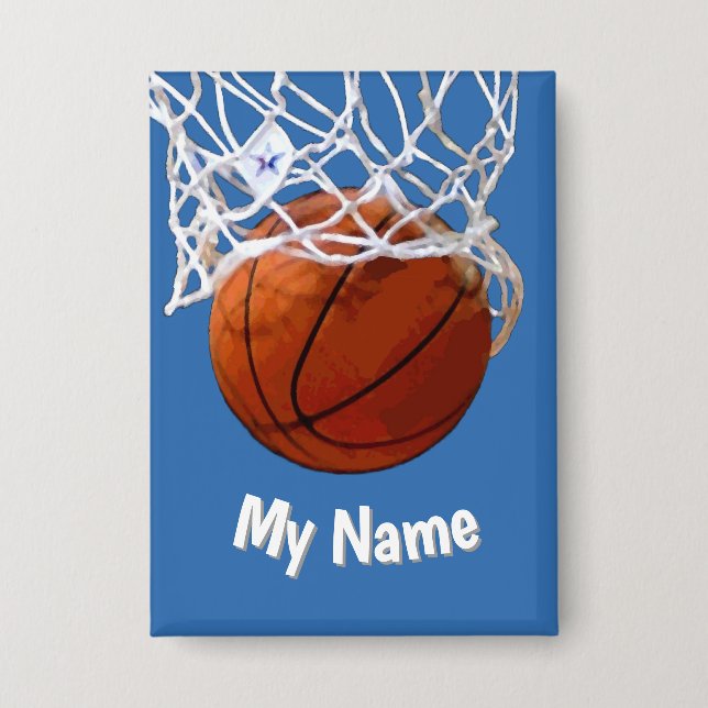 Badge Basketball Votre Nom Personnalisé Fond Acier Bleu (Recto)