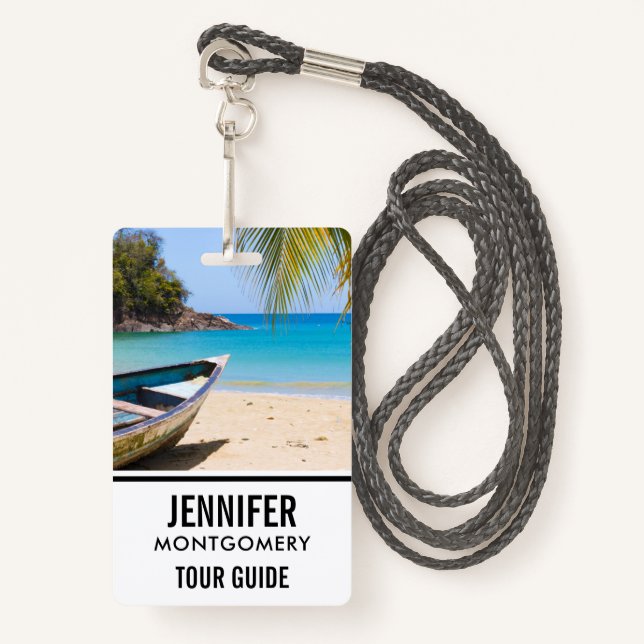 Badge Belle plage tropicale avec bateau à rames (Devant avec lanière)