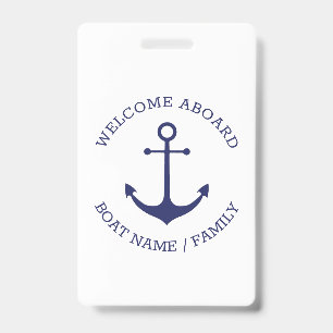 Badge Bienvenue à bord personnalisée ancre nautique bleu