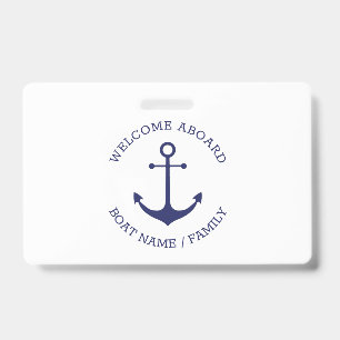 Badge Bienvenue à bord personnalisée ancre nautique bleu