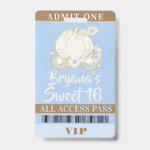 Badge Billet VIP Accès Cendrillon Carrosse Bleu Or Sweet