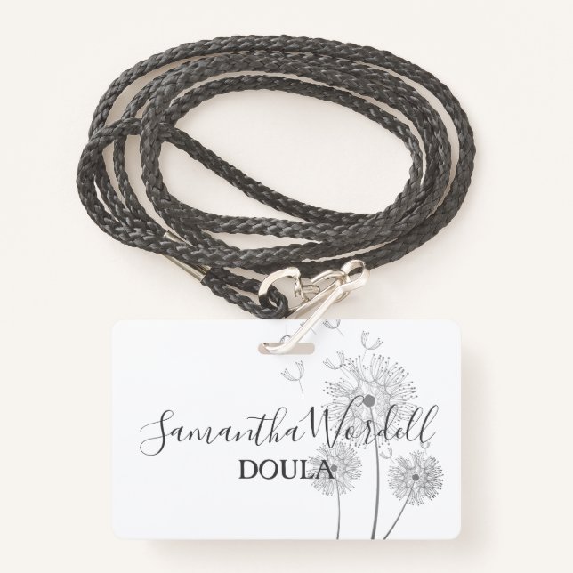 Badge Birth Doula Midwoman Illustrated Flowers (Devant avec lanière)