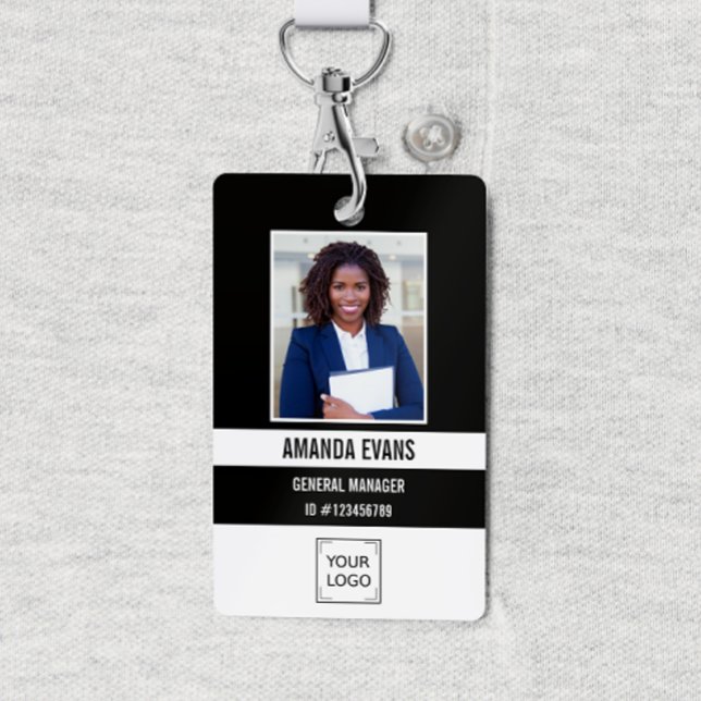 Badge Black | Photo Logo de l'employé ou QR CODE Sécurit (Black and WHITE CORPORATE LOGO IDENTIFICATION BADGE WITH PHOTO FOR EMPLOYEE. )