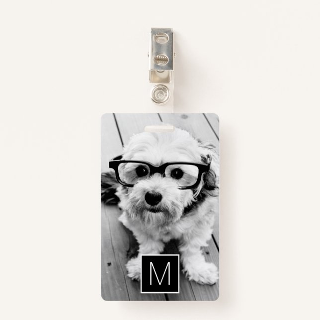 Badge Black White 1 Photo Collage personnalisé Monogramm (Devant avec clip)