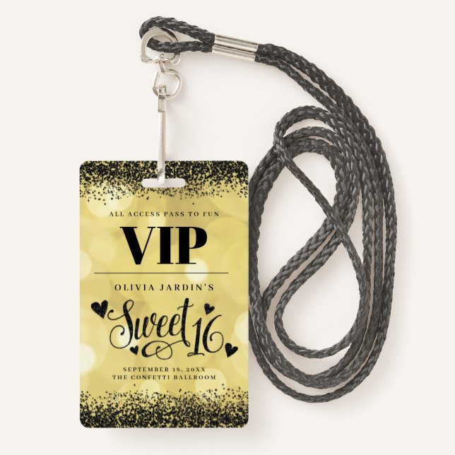 Badge Black & Yellow Gold Glam Sweet 16 (Devant avec lanière)