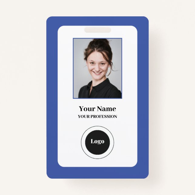 Badge Bleu employé personnalisé | Photo, Code barre, Log (Devant)