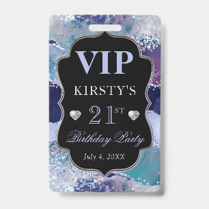 Badge Bleu et Argent Paillettes Agate Anniversaire VIP