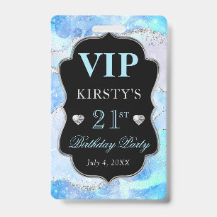 Badge Bleu Iridescent Argent Pailleté Anniversaire VIP A