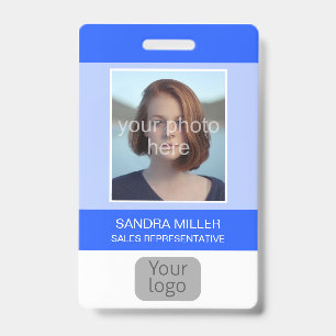 Badge Bleu, Photo de l'employé, Logo, Code-barres, Nom,