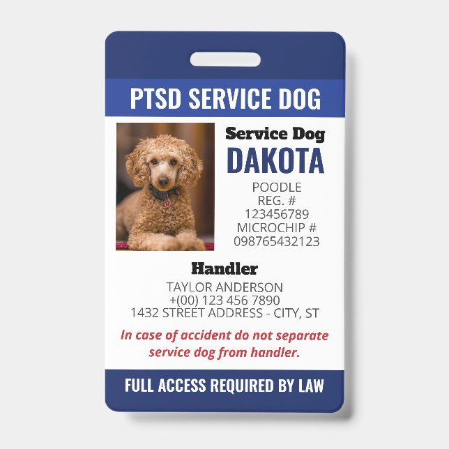 Badge Bleu PTSD Service Chien Logo Code QR Code Photo ID (Avant)