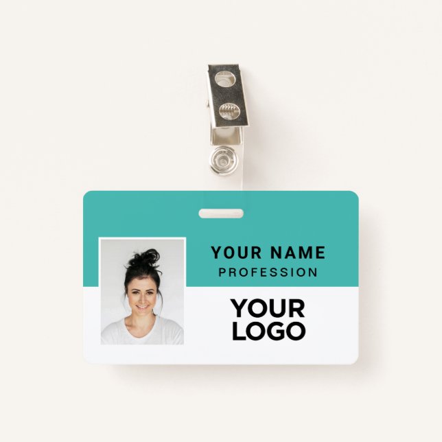 Badge Bleu Turquoise Nom photo de l'employé (Devant avec clip)