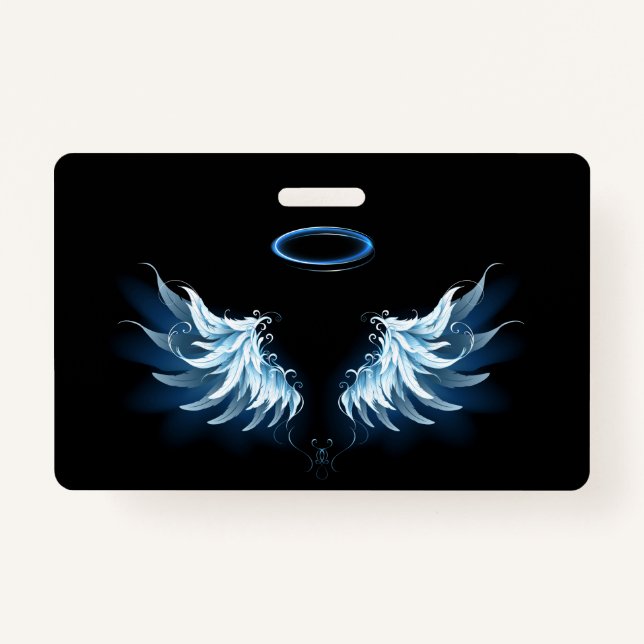 Badge Blue Glowing Angel Wings on black background (Devant)