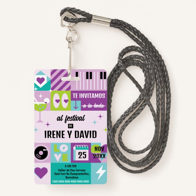 Badge Boda Festivalera Azul Turquesa Lila Retro WedFest (Devant avec lanière)