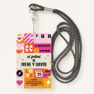 Badge Boda Festivalera Naranja y Rosa Retro WedFest