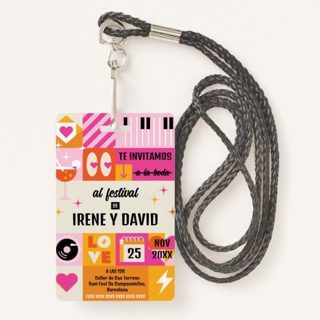 Badge Boda Festivalera Naranja y Rosa Retro WedFest (Devant avec lanière)