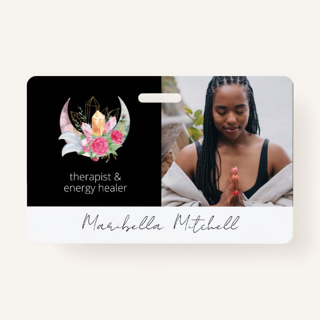 Badge Boho Moon Crystals Plumes Fleurs Thérapiste (Devant)