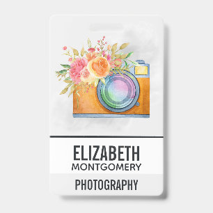 Badge Boho Orange Caméra & Bouquet Floral Aquarelle