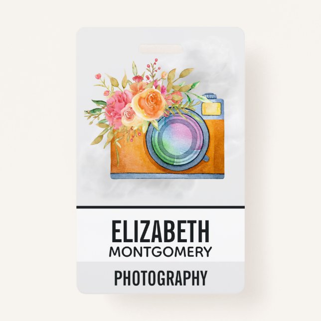 Badge Boho Orange Caméra & Bouquet Floral Aquarelle (Devant)