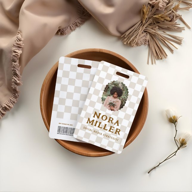 Badge Boho Retro À damiers Motif Photo ID code à barres (Boho Retro Checkered Pattern Photo ID Barcode Badge)