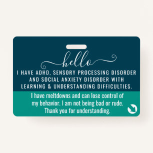 Badge Bonjour j'ai TOURETTE SYNDROME id d'invalidité