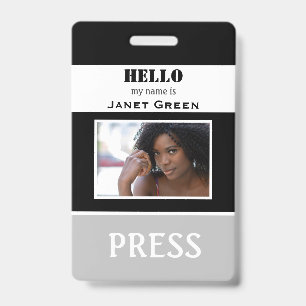 Badge Bonjour, je m'appelle Photo ID Reporter Press Pass