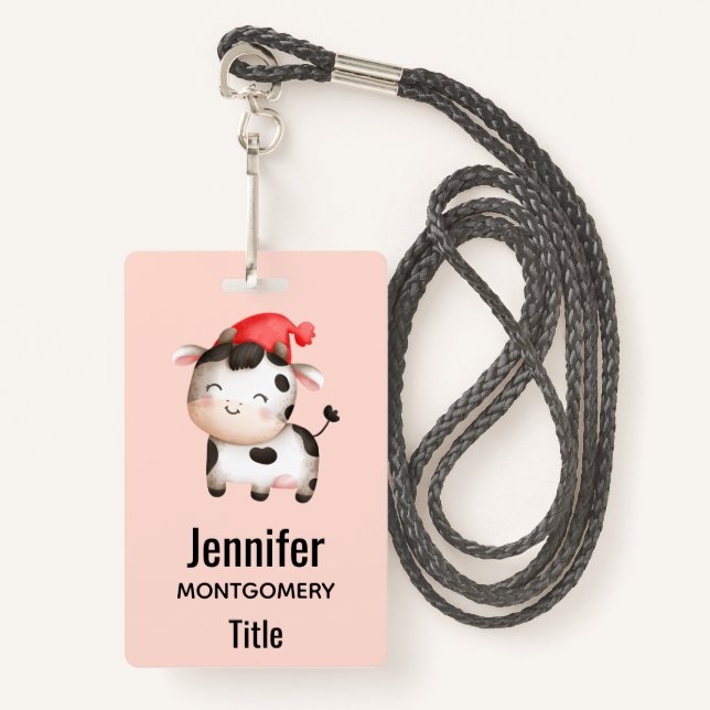Badge Bonne vache dans un Casquette rouge mignon (Devant avec lanière)
