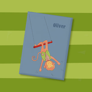 Badge Bouton bleu enfant singe trapéziste dessin animé