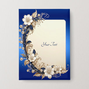 Badge Bouton ornemental floral bleu blanc