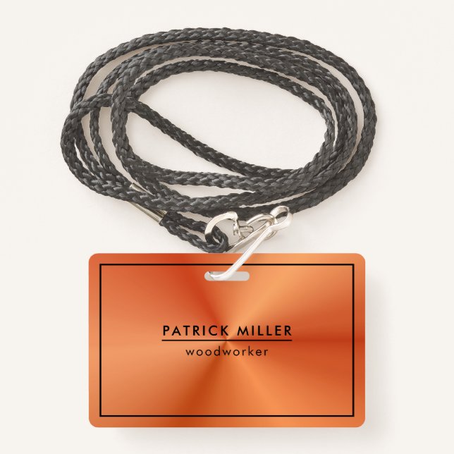 Badge Brillant métal orange texture Accents noirs (Devant avec lanière)