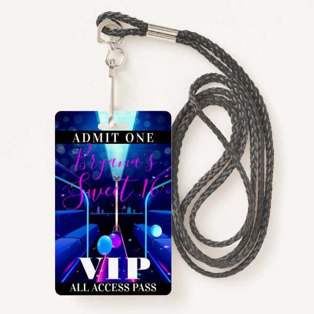 Badge Bus de fête Blacklight Dance Sweet 16 VIP Pass (Devant avec lanière)