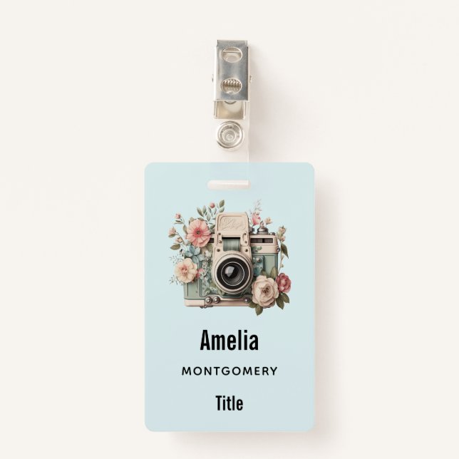 Badge Camera with Flowers Retro Pastel Image (Devant avec clip)