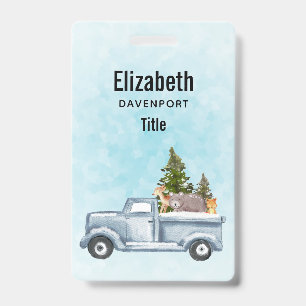 Badge Camion de Noël avec pins et animaux de la forêt