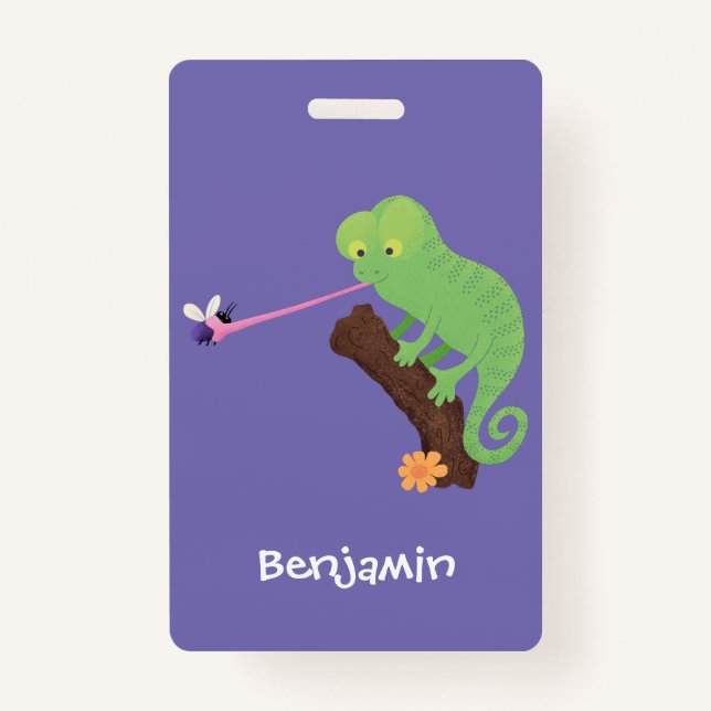 Badge Caricature de lézard de caméléon vert joyeux (Devant)
