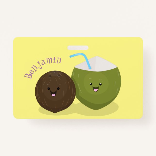 Badge Caricature de noix de coco kawaii joyeux (Devant)