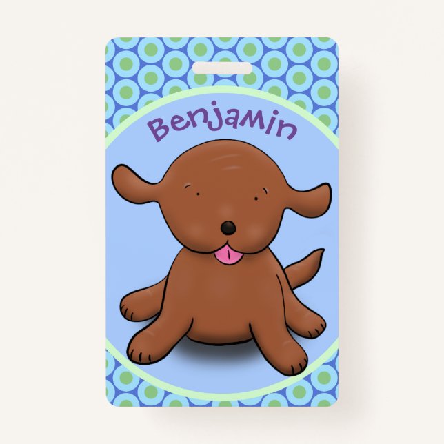 Badge Caricature en bleu pour chien de chiot joyeux (Devant)
