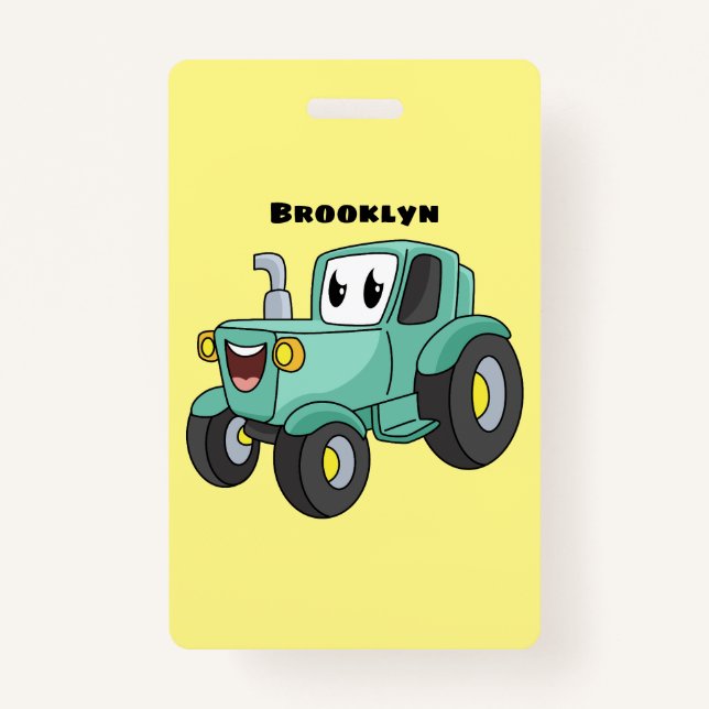 Badge Caricature joli tracteur vert joyeux (Devant)