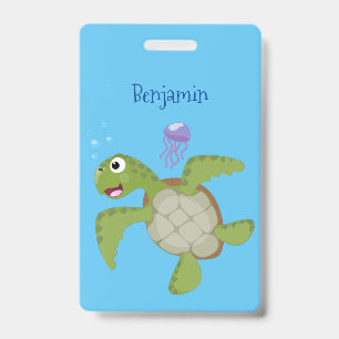 Badge Caricature joyeuse de tortue de mer verte mignonne