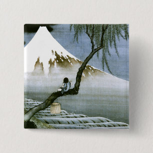 Badge Carré 5 Cm 北 斎 Boy & Mt Fuji Art