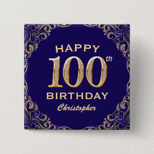 Badge Carré 5 Cm 100e anniversaire Parties scintillant bleu et or d