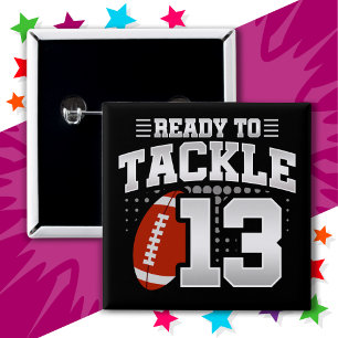 Badge Carré 5 Cm 13 ans Tackle Football Party 13e anniversaire